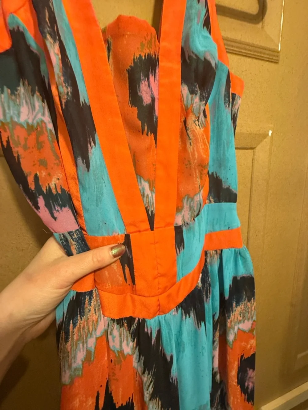 Gianni Bini Colorful Maxi Dress V-Neck Turquoise Orange Print Size M - Picture 6 of 15